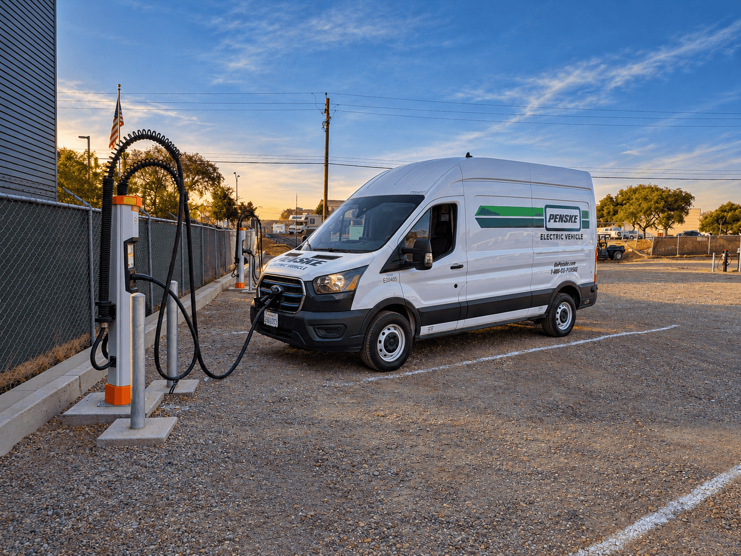 Electric fleet van charging at StoreLocal Napa during sunset