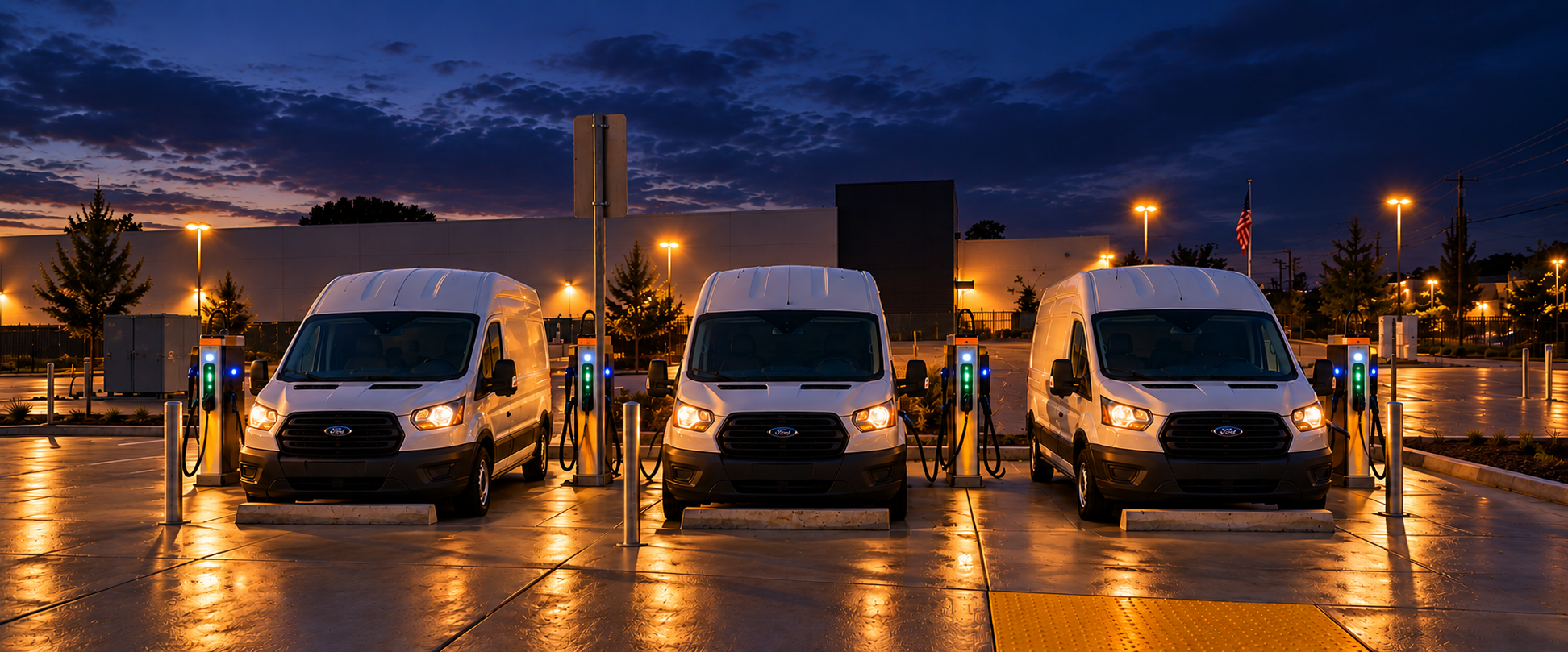 Three white electric Ford cargo vans charging at dusk with green chargers and amber streetlight reflections